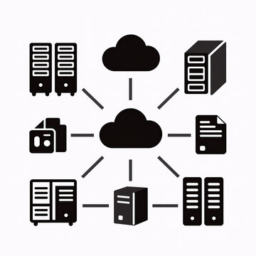 Character Concept Server Collection. Black Glyph Icons Depicting Data Center And Network Infrastructure Elements Such As Server Racks, Cloud, Firewalls, And Virtual Machines In A Minimalist Flat Style