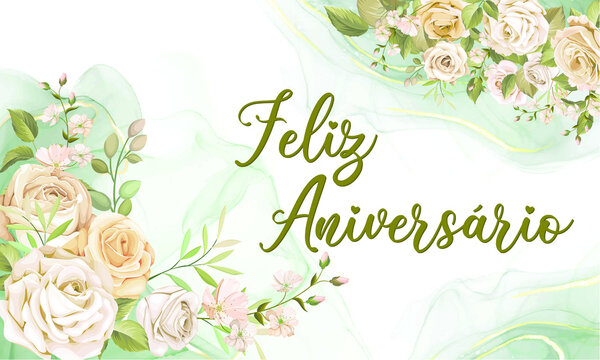 Um cart&atilde;o ou faixa a desejar um Feliz Anivers&aacute;rio em verde sobre um fundo branco e verde com flores bege e cor-de-rosa em ambos os lados.