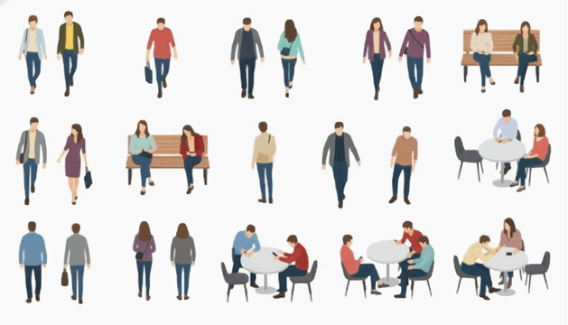 Flat Vector Architectural People Set Featuring Front, Side, and Rear Views for Elevations