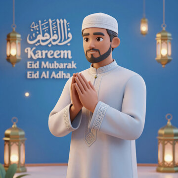 3D Game Eid Visage. A 3D Rendering Of An Arabian Man Against A Blue Background, Celebrating Ramadan And Eid