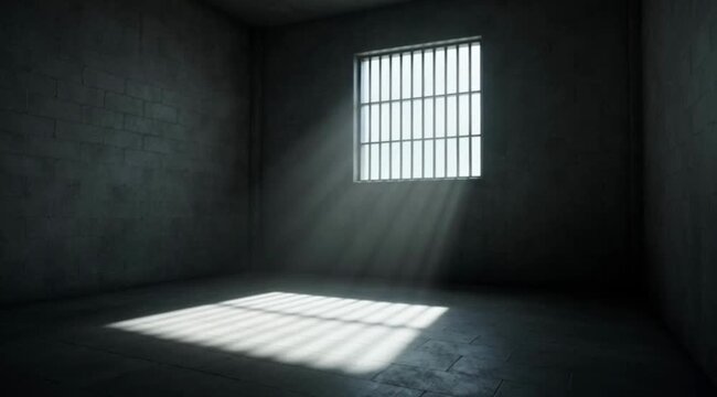 A video showcasing a dimly lit room with a single window letting in sunlight through bars