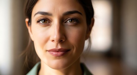 Naklejka premium Close up portrait of a young woman with brown eyes looking at camera