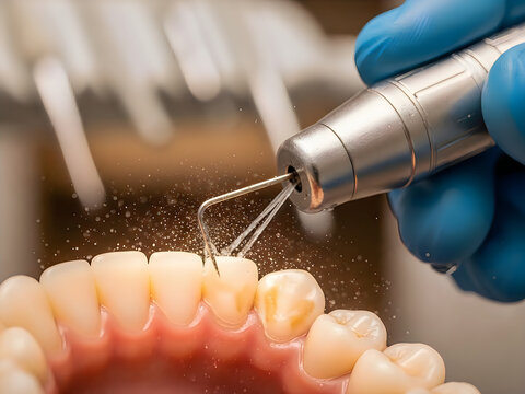 Dental professional performing dental treatment using a rotary instrument on a patient's teeth