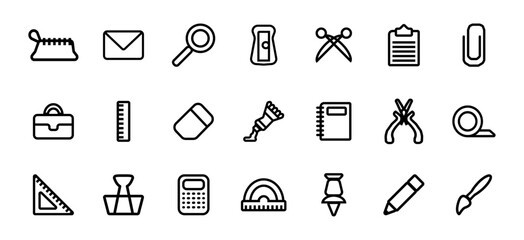 Fototapeta premium Stationery icon set for office and education. Paintbrush and protractor, briefcase and pencil.
