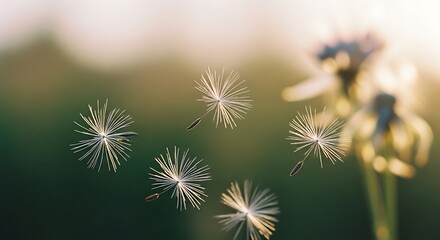 Obraz premium Dandelion seeds flying in the wind at golden hour sunset in nature