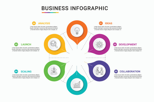 A circular business infographic template with six colorful icons for professional presentation Vector