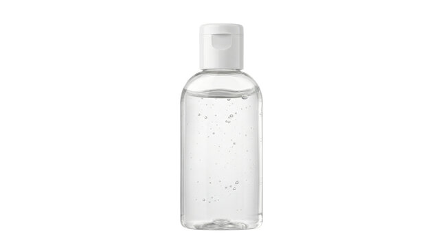 Clear bottle of hand sanitizer with white flip cap