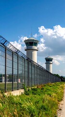 Obraz premium A tall fence topped with razor wire separates a pathway from two watchtowers under a bright blue sky