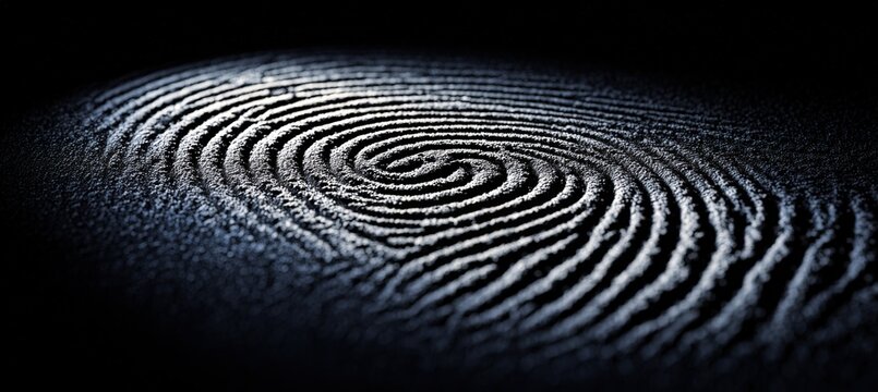 Extreme Close Up of Fingerprint Illuminated by Scanning Laser Beam on Dark Minimal Surface
