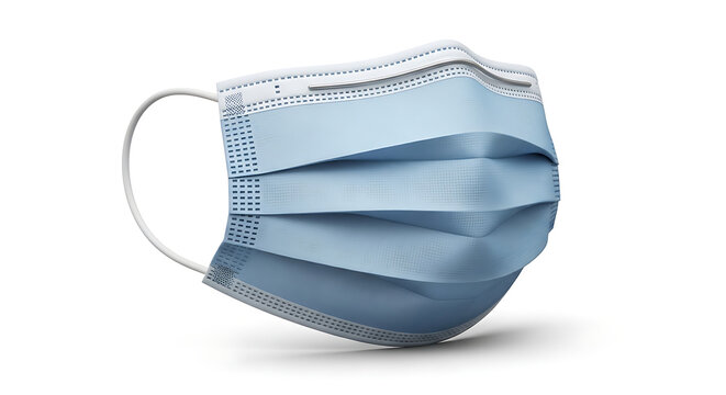 Light blue surgical medical face mask for virus protection and healthcare safety isolated on white background showing elastic ear loops and pleats art.