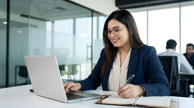 Smiling businesswoman working on laptop and writing in notebook at office desk