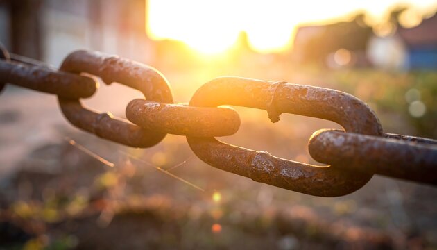 Rusted chain links, close-up, catching golden sunlight, blurred background of distant buildings and hazy foliage
