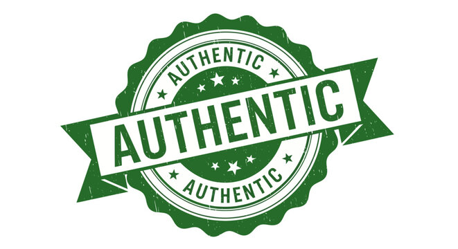 Green authentic vintage stamp badge design with distressed texture and stars, symbolizing genuine quality and trustworthiness for products