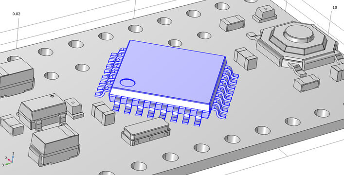 Computer 3d modeling of electronic component -
integrated micro circuit of cpu or processor.
Engineering technical analysis,
investigation of pcb radio part
using technic cad aided design system.
