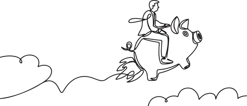 Continuous one line drawing businessman riding piggy bank rocket flying in the sky. Saving money concept. One line draw graphic design vector