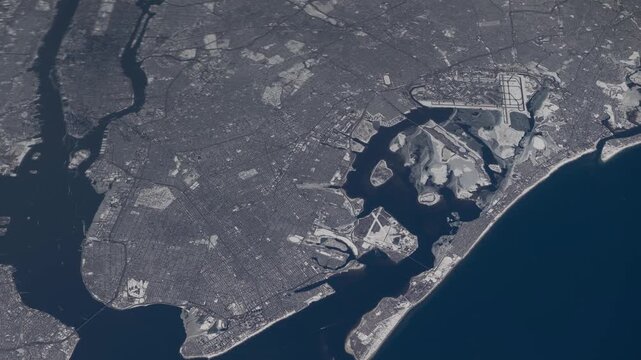 Flying over New York Manhattan winter snow cityscape satellite view from space based on Nasa imagery