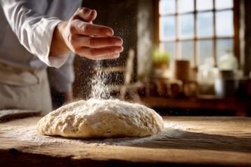 Fototapeta premium Artisan Chef Sprinkling Water on Fresh Bread Dough Preparation