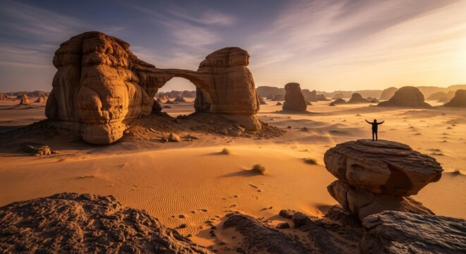 Majestic sandstone arch in al ula desert landscape during golden hour with solitary person.