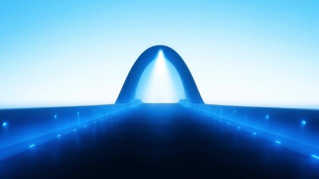 A stunning video showcasing a futuristic arch rising out of the ocean with bright blue light