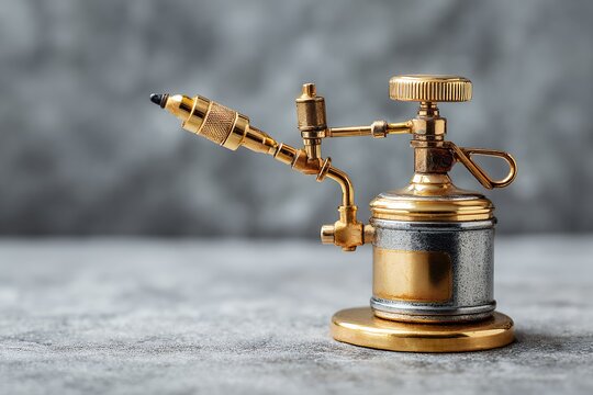 Golden laboratory burner equipment resting on gray stone surface