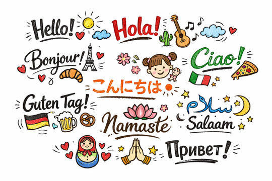 Multilingual Hand-Drawn Greetings Icon Set