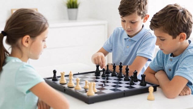 Three young children engage in a strategic game of chess in a brightly lit room