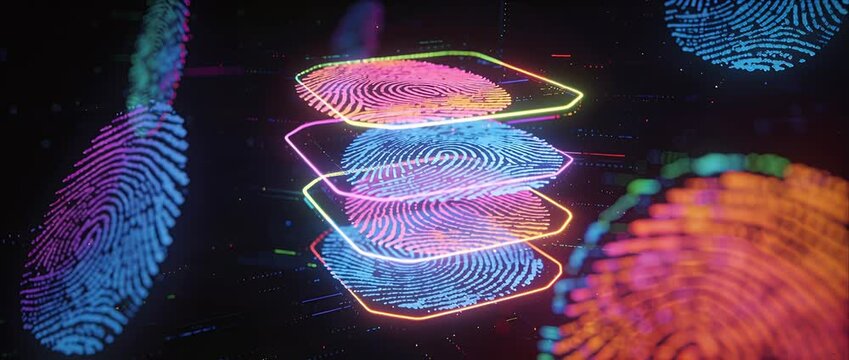 Cyber Security Surreal Digital Fingerprint Neon Layered Identity Scan with Silliness, Biometric Data Flow, Abstract Technology Background and Playful Glow