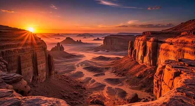 Ancient desert valley at sunrise with carved rock structures and distant mountain peaks sun.