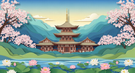 Fototapeta premium Ancient Japanese temple pagoda with traditional architecture stands amidst a spring morning garden under a clear sky as a historic landmark of Asian culture