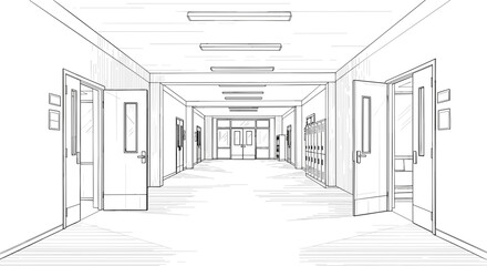 Fototapeta premium school hallway sketch, architectural line drawing, educational building interior