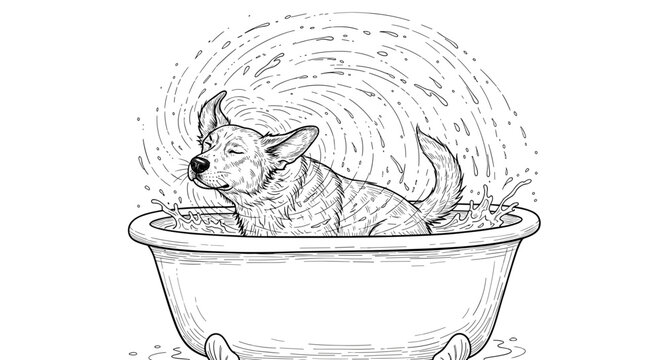 dog relaxing in bathtub, line art illustration, splash, bath time