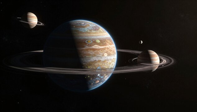 Striking view of a ringed gas giant planet with other smaller planets nearby in deep space