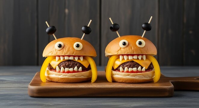 Two Cute Monster Burgers on a Wooden Board Halloween