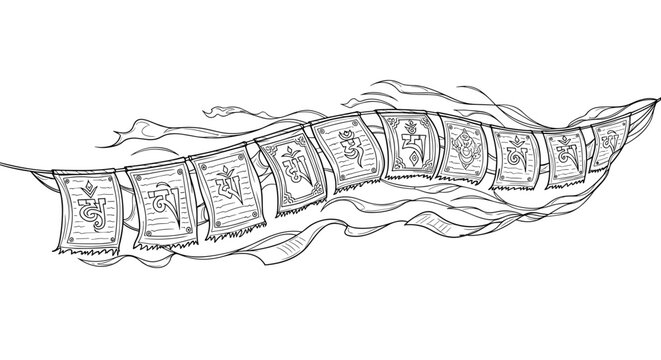 Tibetan prayer flags waving in wind, line art illustration, spiritual concept