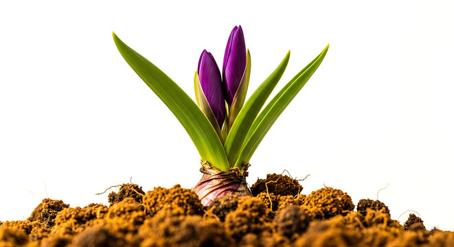 Purple hyacinth flower growing in brown soil with green leaves and roots exposed transparent background