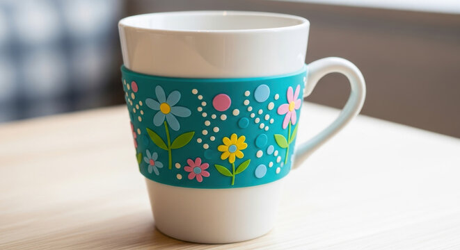 A hot ceramic mug of coffee and a white teacup of tea sit as an empty breakfast beverage closeup on a rustic wooden table in a cafe kitchen