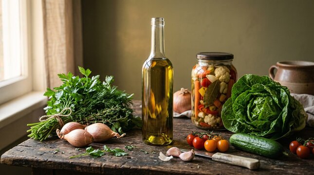 Still life of preservation with lettuce, pickles and jar