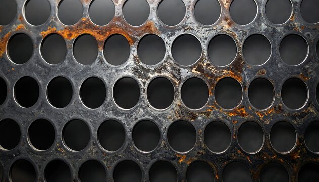 Rusted metal sheet with circular holes creating a pattern on a dark background, showing texture and wear