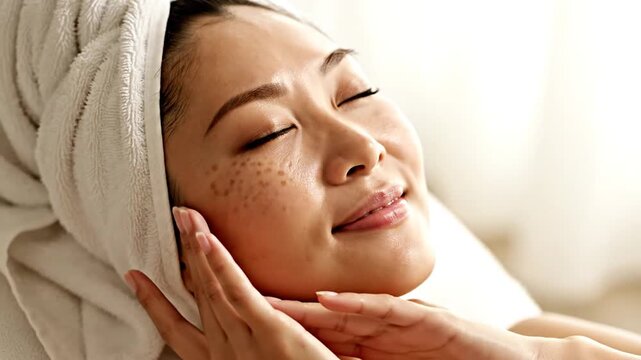 Portrait of a smiling middle-aged Asian woman with visible melasma and hyperpigmentation on her face wearing a white head towel, skincare and dermatology routine concept.