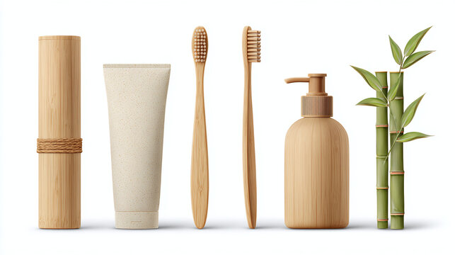 Natural bamboo toothbrush, toothpaste, and soap with fresh green bamboo stalks for eco-friendly bathroom products.