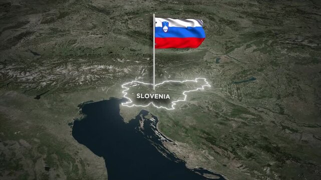 Slovenia Border Map Animation with 3D Waving Slovenia National Flag on Satellite Map