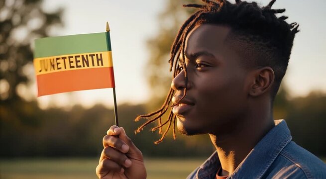Young Black man with dreadlocks holding a Juneteenth flag outdoors, celebrating freedom and heritage.