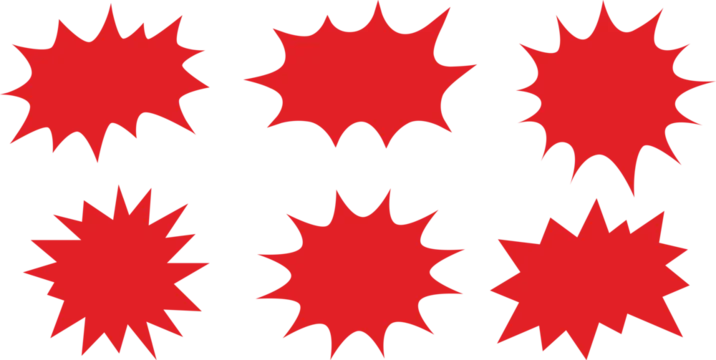 Set of red comic speech bubbles, starburst shapes, explosion blast elements for design, vector illustration