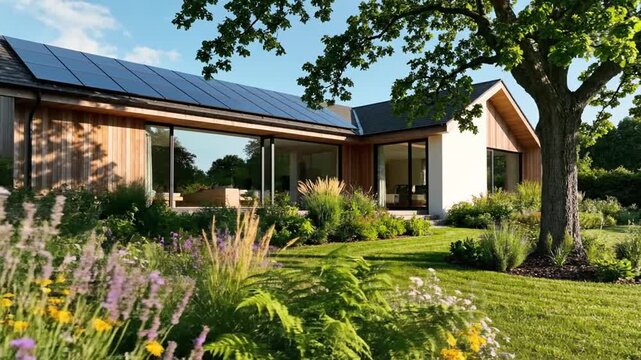 Modern sustainable house featuring solar panels on the roof, large glass windows, and timber cladding, situated in a lush garden with wildflowers and mature trees under a clear blue sky.