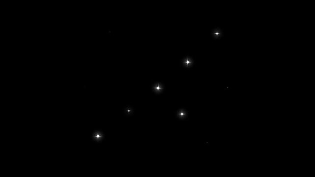 White glowing twinkle stars animation with glitter dust trail, blinking retro vector doodle stars, magical particle burst, flat sparkle overlay, black screen chroma key, 4K