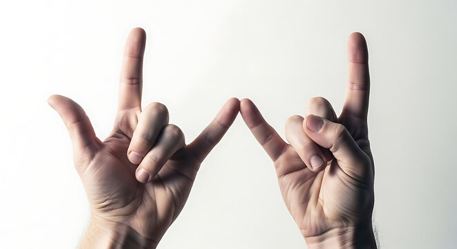 Two hands making devil horns sign with fingers on white background transparent background