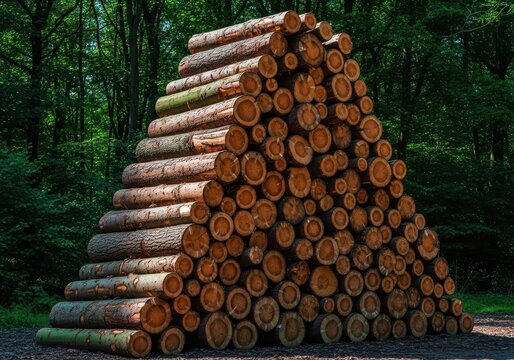 Freshly harvested timber logs are stacked high in a uniform pile near a dense woodland, awaiting transportation for processing, processing, rough, pile