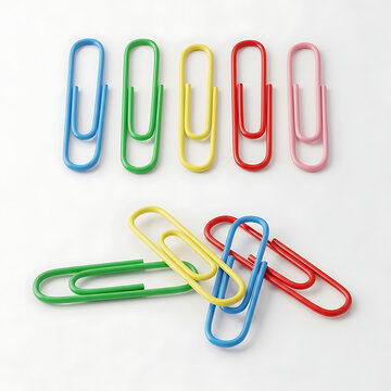 Colorful paper clips arranged on a plain white surface for office supplies transparent background