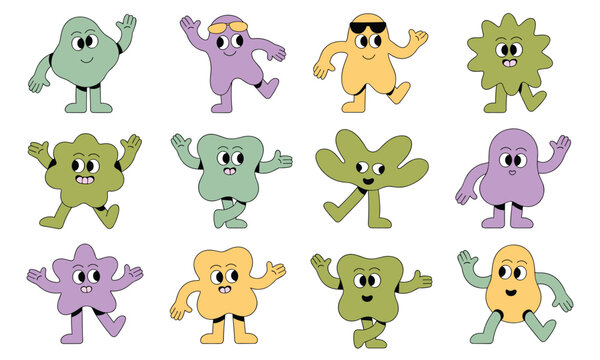 Set of 12 colorful cartoon monsters dancing and waving in flat design style for kids apps and games