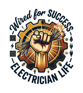 Powerful clenched fist holding electrical wires with sparks flying around a cogwheel symbol representing electrician life and success Labor day t shirt design